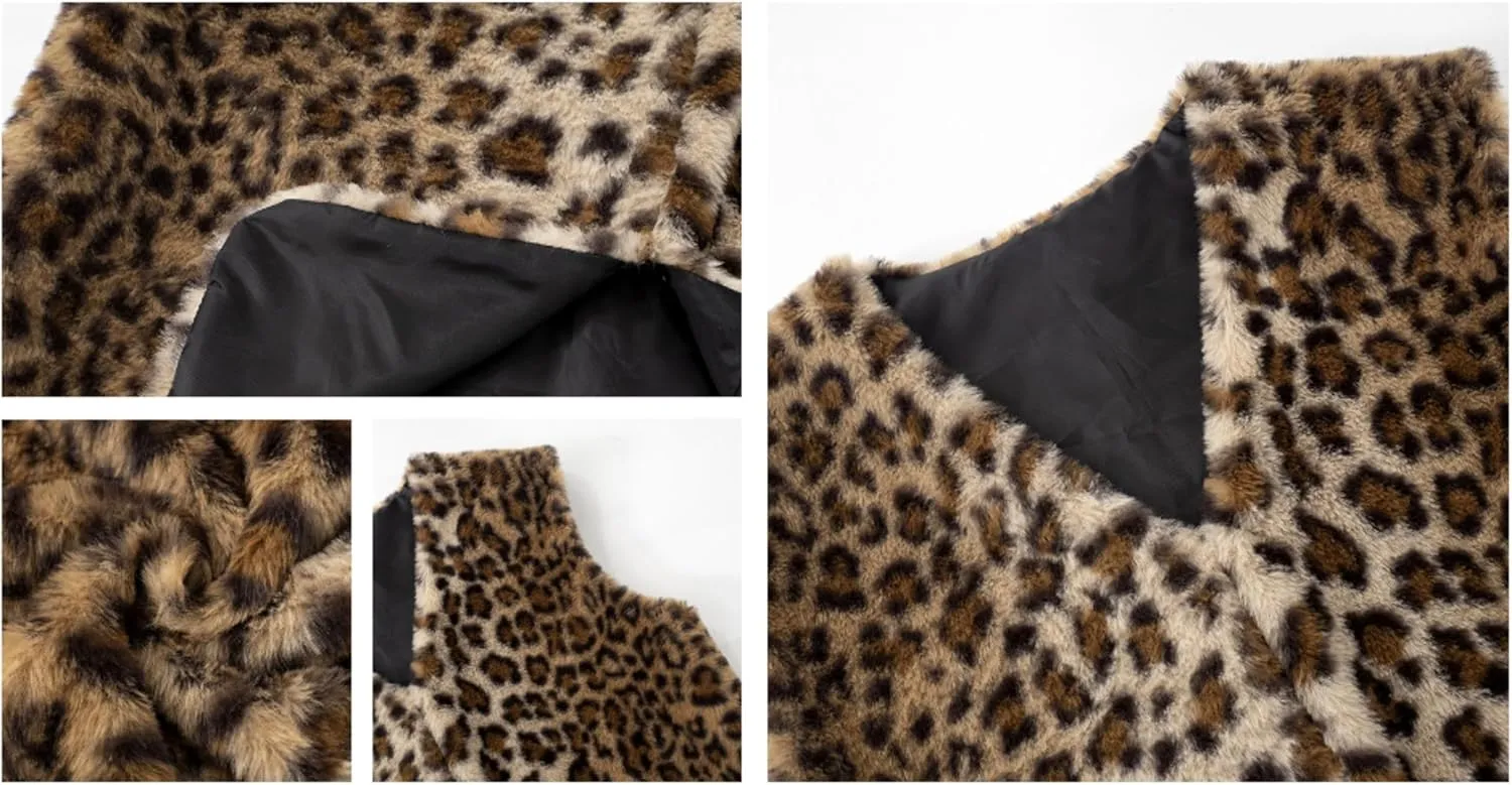 Leopard Print Fleece Vest Women Faux Fur Vest Coat Cheetah Casual Sleeveless Jacket Y2k Fall Winter Outerwear