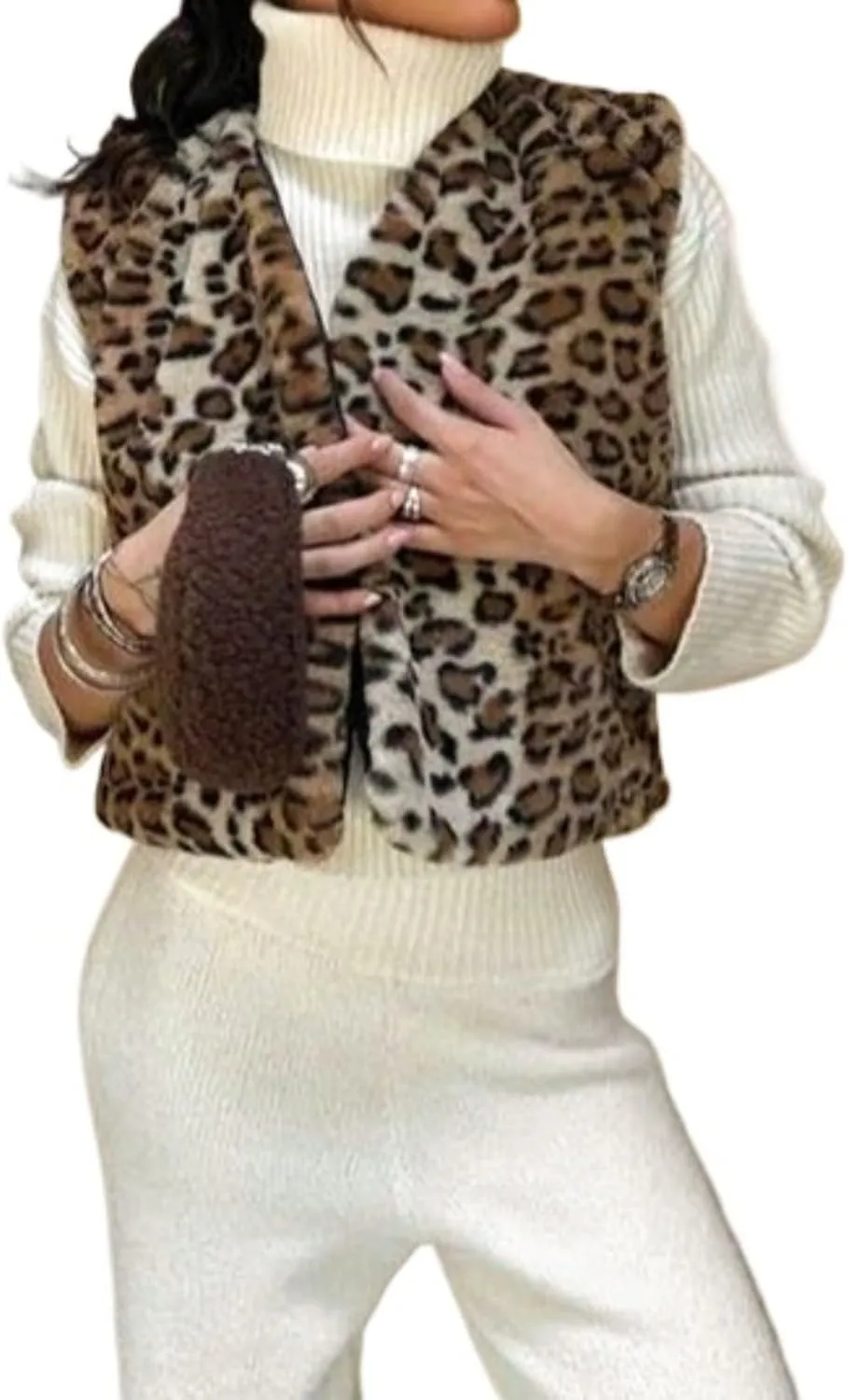 Leopard Print Fleece Vest Women Faux Fur Vest Coat Cheetah Casual Sleeveless Jacket Y2k Fall Winter Outerwear