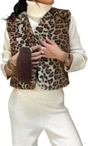 Leopard Print Fleece Vest Women Faux Fur Vest Coat Cheetah Casual Sleeveless Jacket Y2k Fall Winter Outerwear