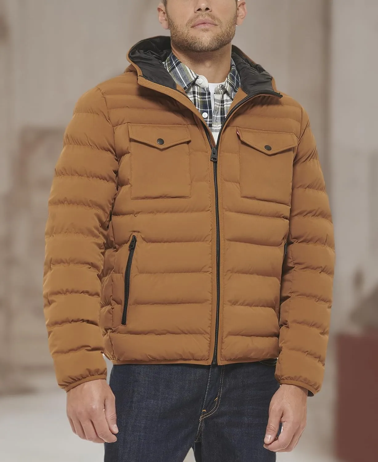 Levi's mens Water Resistant Performance Stretch Hooded Puffer Jacket