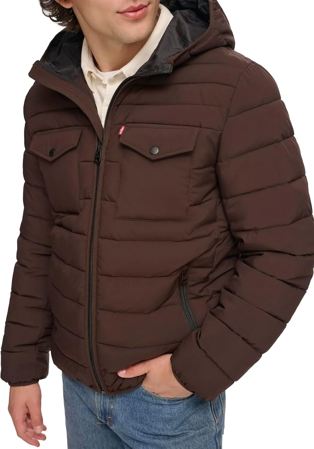 Levi's mens Water Resistant Performance Stretch Hooded Puffer Jacket
