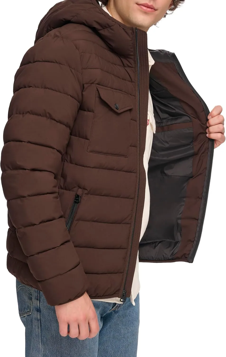 Levi's mens Water Resistant Performance Stretch Hooded Puffer Jacket