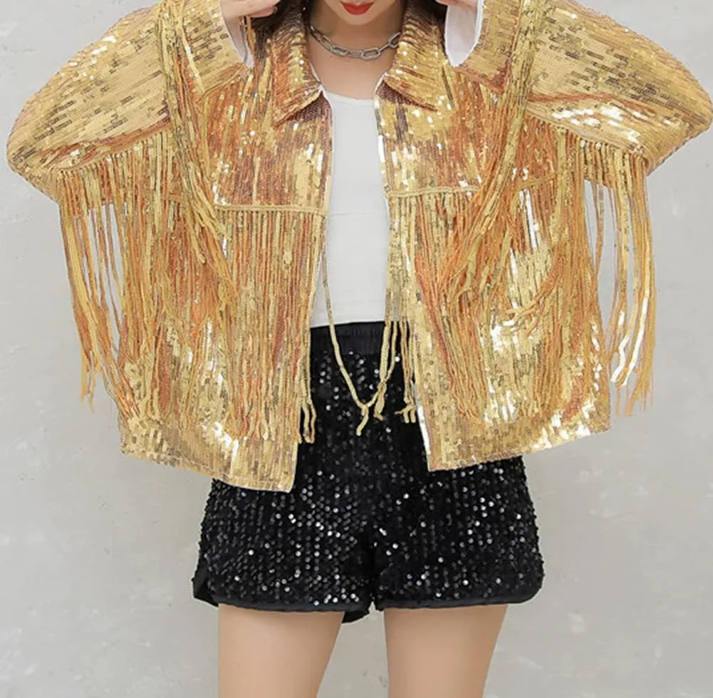 LifeShe Women's Sequin Jacket With Tassel Open Front Cardigan Metallic Shiny Party Clubwear