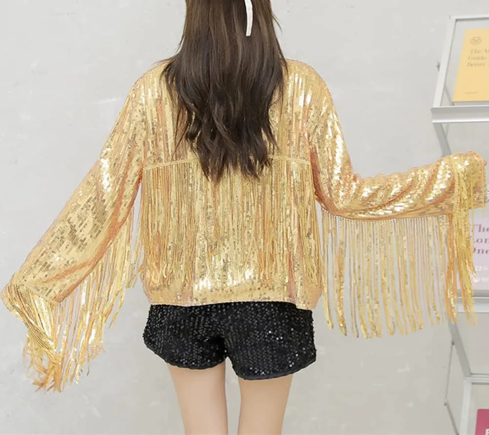 LifeShe Women's Sequin Jacket With Tassel Open Front Cardigan Metallic Shiny Party Clubwear