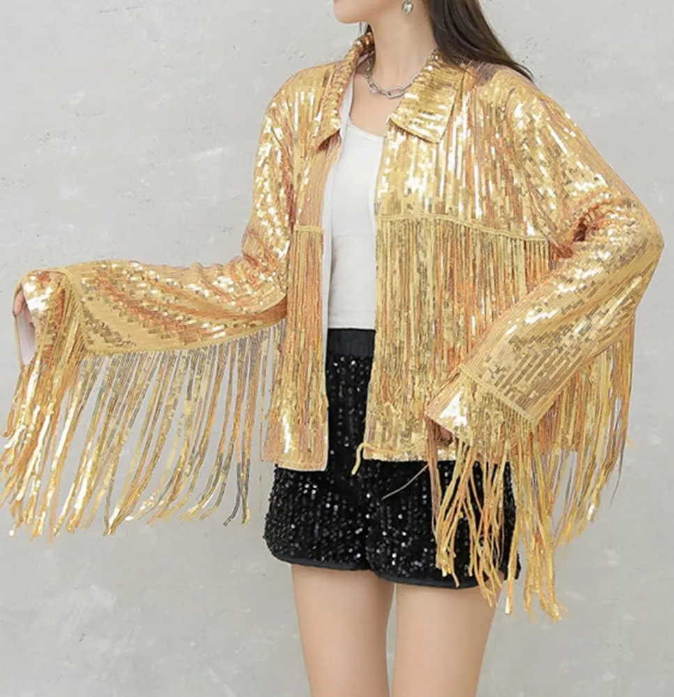 LifeShe Women's Sequin Jacket With Tassel Open Front Cardigan Metallic Shiny Party Clubwear