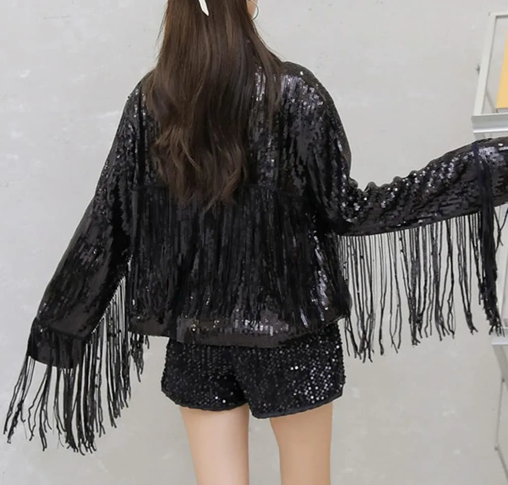 LifeShe Women's Sequin Jacket With Tassel Open Front Cardigan Metallic Shiny Party Clubwear