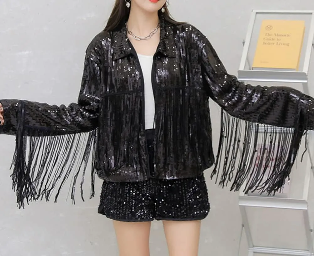 LifeShe Women's Sequin Jacket With Tassel Open Front Cardigan Metallic Shiny Party Clubwear