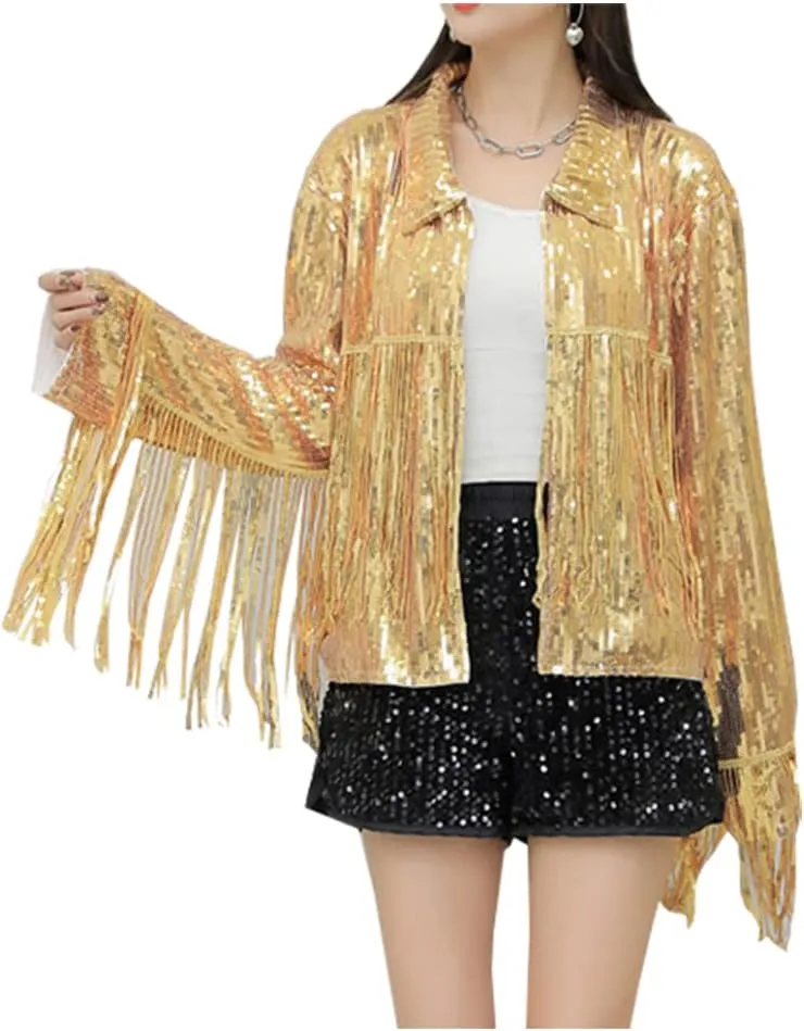 LifeShe Women's Sequin Jacket With Tassel Open Front Cardigan Metallic Shiny Party Clubwear
