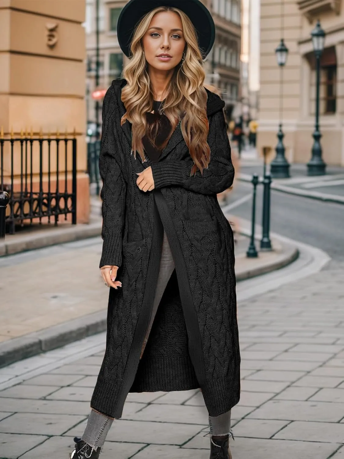 Lightweight Hooded Open Front Cardigan Sweaters for Women Oversized Cable Knit Sweaters Pocketed Trendy Long Cardigans