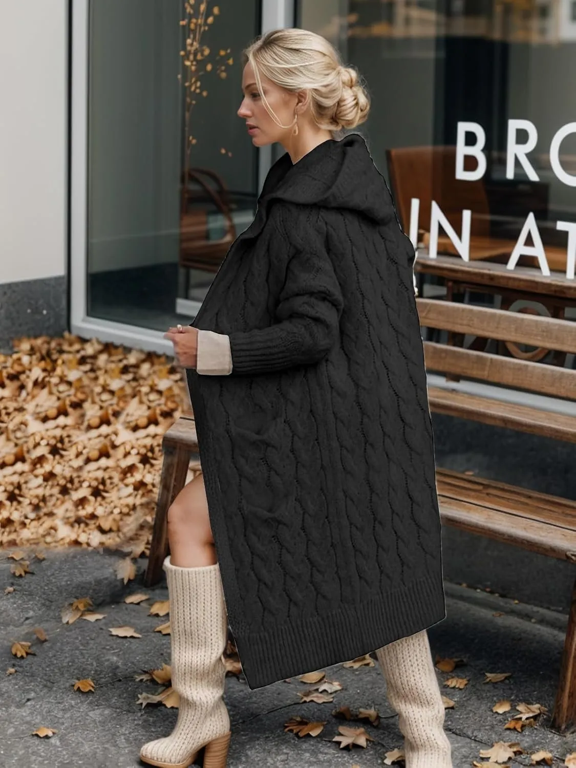 Lightweight Hooded Open Front Cardigan Sweaters for Women Oversized Cable Knit Sweaters Pocketed Trendy Long Cardigans