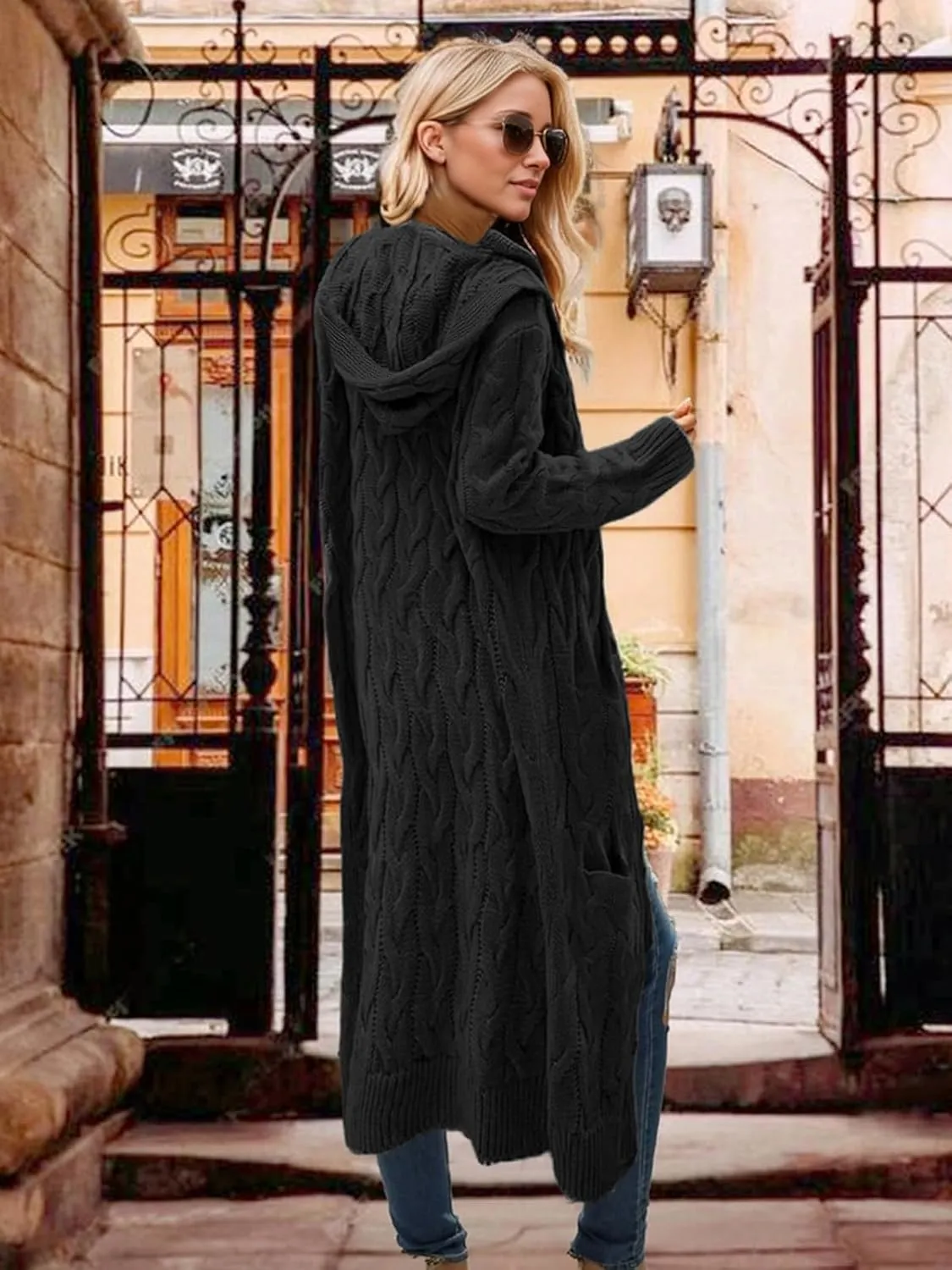 Lightweight Hooded Open Front Cardigan Sweaters for Women Oversized Cable Knit Sweaters Pocketed Trendy Long Cardigans
