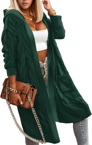 Lightweight Hooded Open Front Cardigan Sweaters for Women Oversized Cable Knit Sweaters Pocketed Trendy Long Cardigans