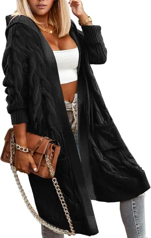 Lightweight Hooded Open Front Cardigan Sweaters for Women Oversized Cable Knit Sweaters Pocketed Trendy Long Cardigans