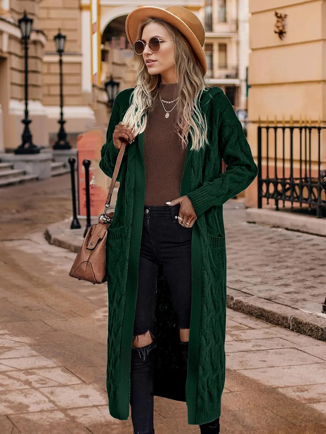 Lightweight Hooded Open Front Cardigan Sweaters for Women Oversized Cable Knit Sweaters Pocketed Trendy Long Cardigans
