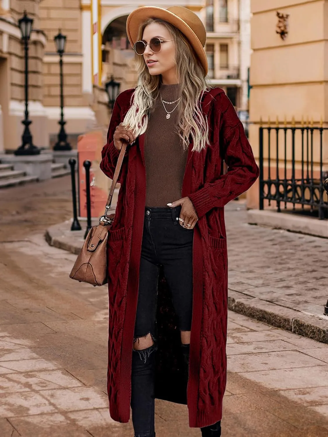 Lightweight Hooded Open Front Cardigan Sweaters for Women Oversized Cable Knit Sweaters Pocketed Trendy Long Cardigans
