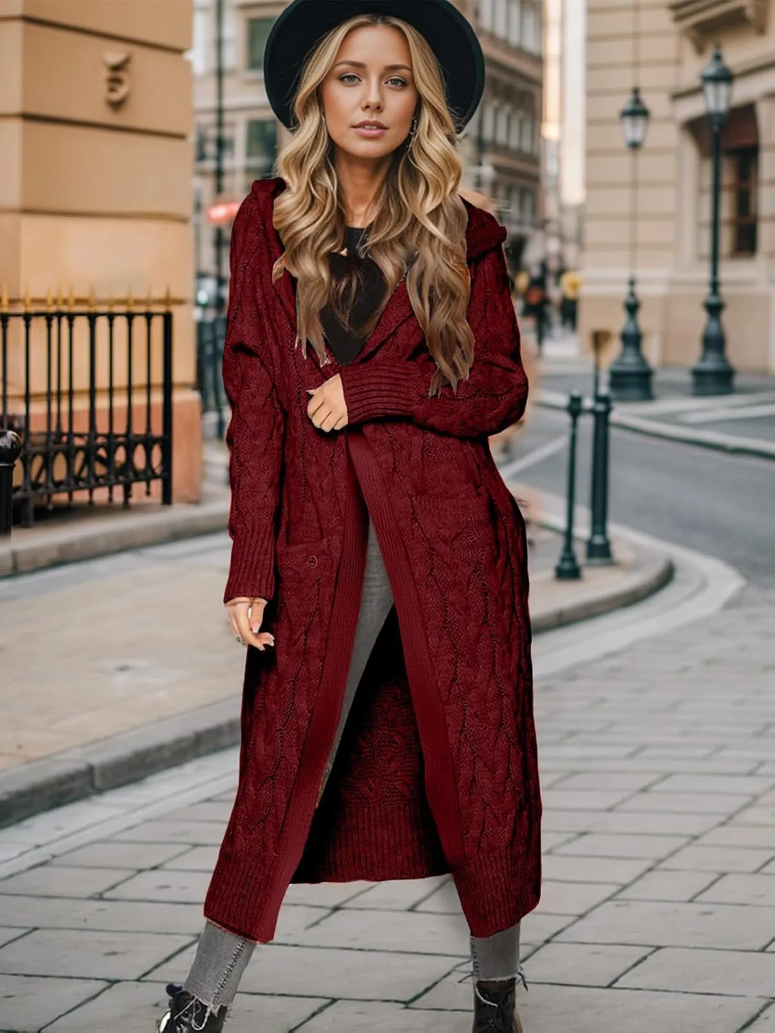 Lightweight Hooded Open Front Cardigan Sweaters for Women Oversized Cable Knit Sweaters Pocketed Trendy Long Cardigans