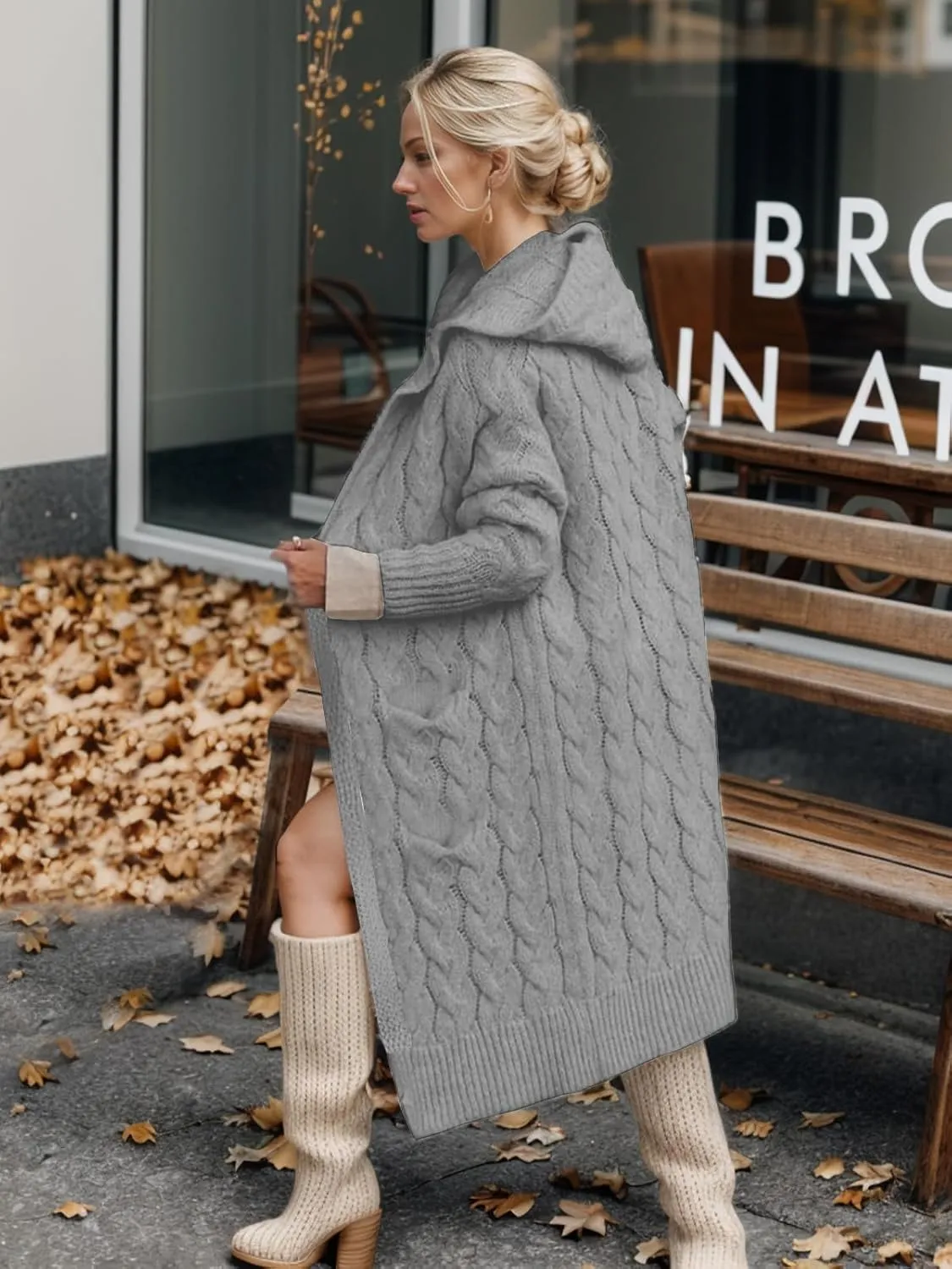 Lightweight Hooded Open Front Cardigan Sweaters for Women Oversized Cable Knit Sweaters Pocketed Trendy Long Cardigans