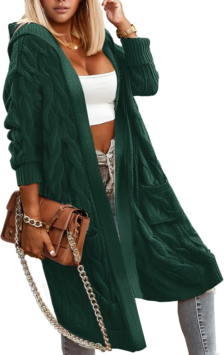 Lightweight Hooded Open Front Cardigan Sweaters for Women Oversized Cable Knit Sweaters Pocketed Trendy Long Cardigans