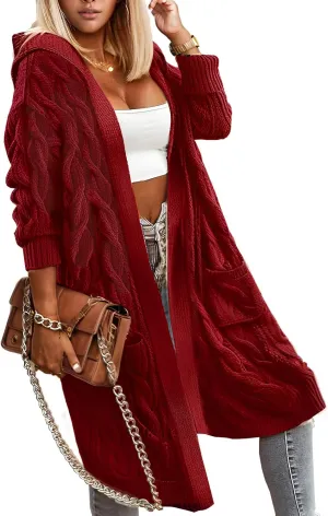 Lightweight Hooded Open Front Cardigan Sweaters for Women Oversized Cable Knit Sweaters Pocketed Trendy Long Cardigans