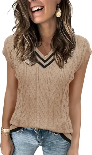 LOMON Womens V Neck Sweater Vest Cap Sleeve Cable Knit Casual Loose Fit Pullover Sleeveless Tank Top