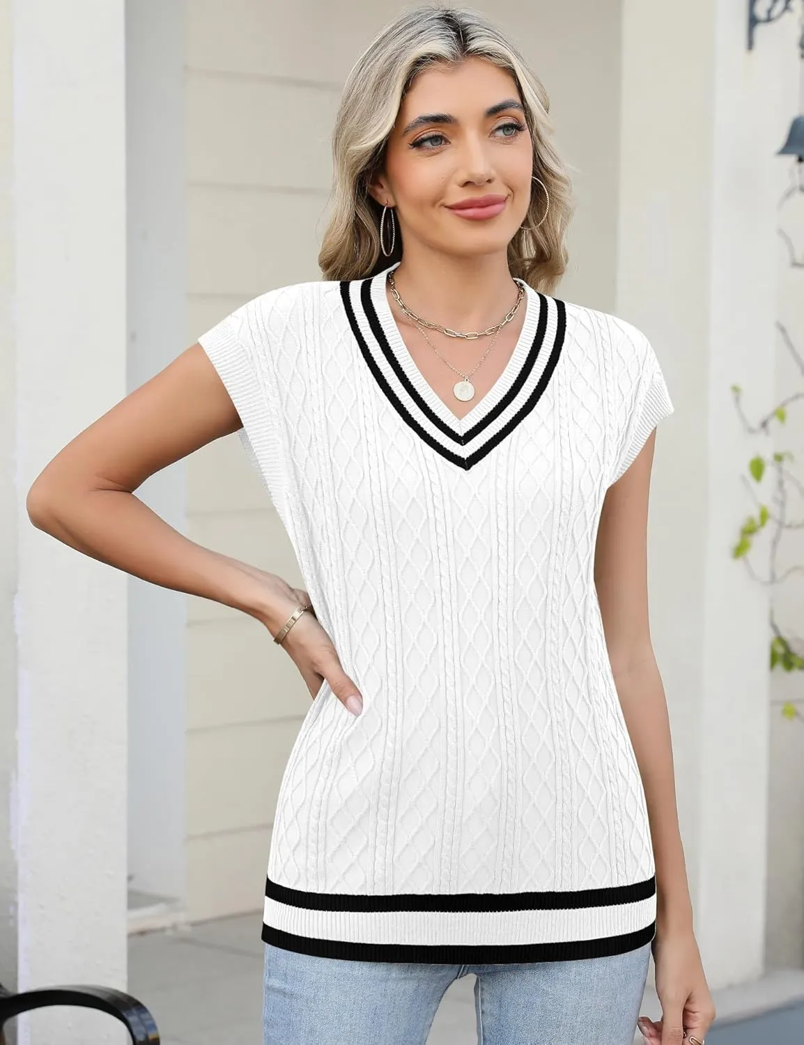 LOMON Womens V Neck Sweater Vest Cap Sleeve Cable Knit Casual Loose Fit Pullover Sleeveless Tank Top