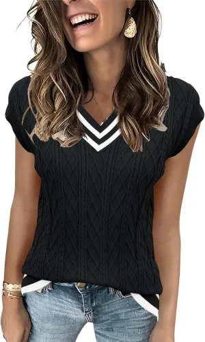 LOMON Womens V Neck Sweater Vest Cap Sleeve Cable Knit Casual Loose Fit Pullover Sleeveless Tank Top