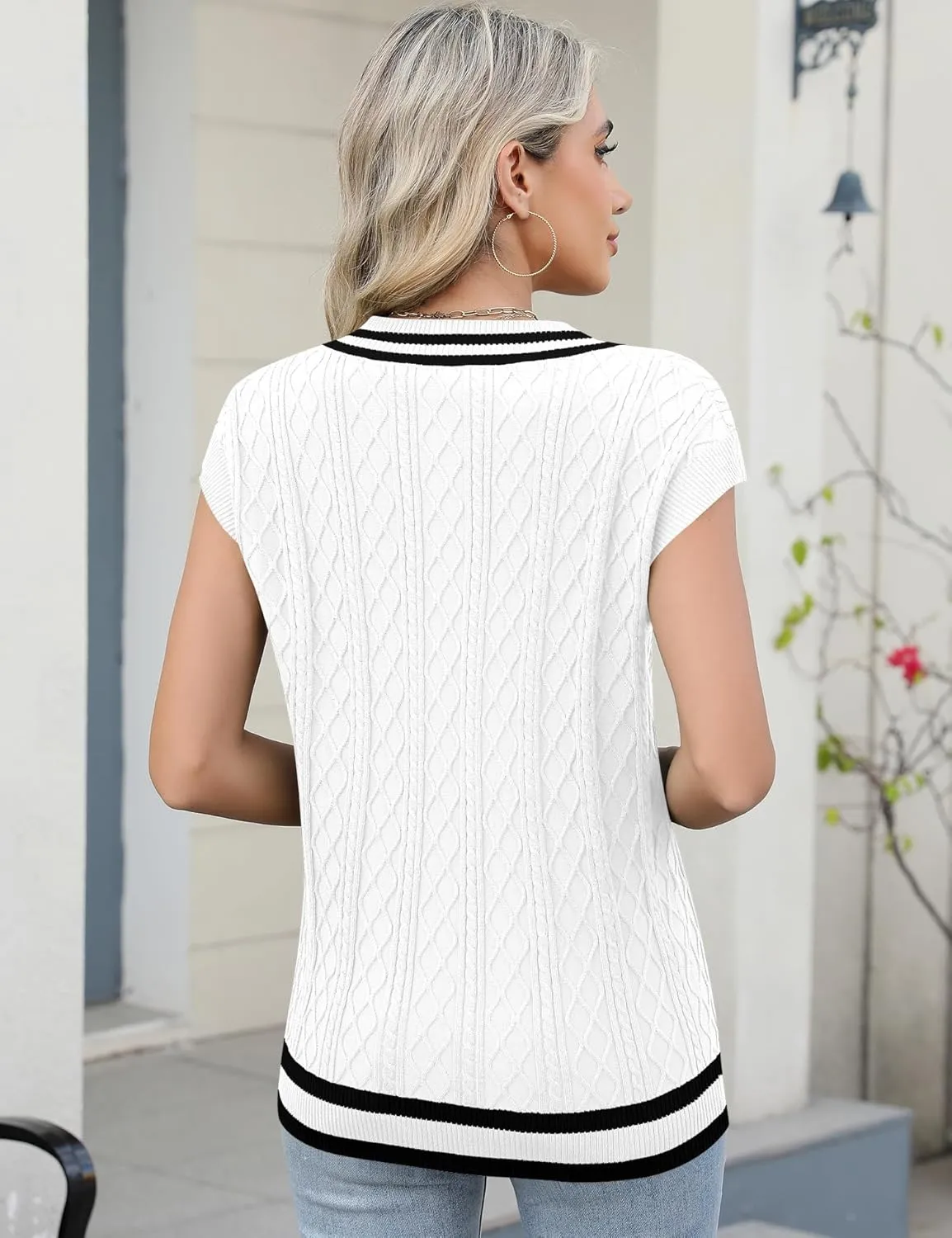 LOMON Womens V Neck Sweater Vest Cap Sleeve Cable Knit Casual Loose Fit Pullover Sleeveless Tank Top