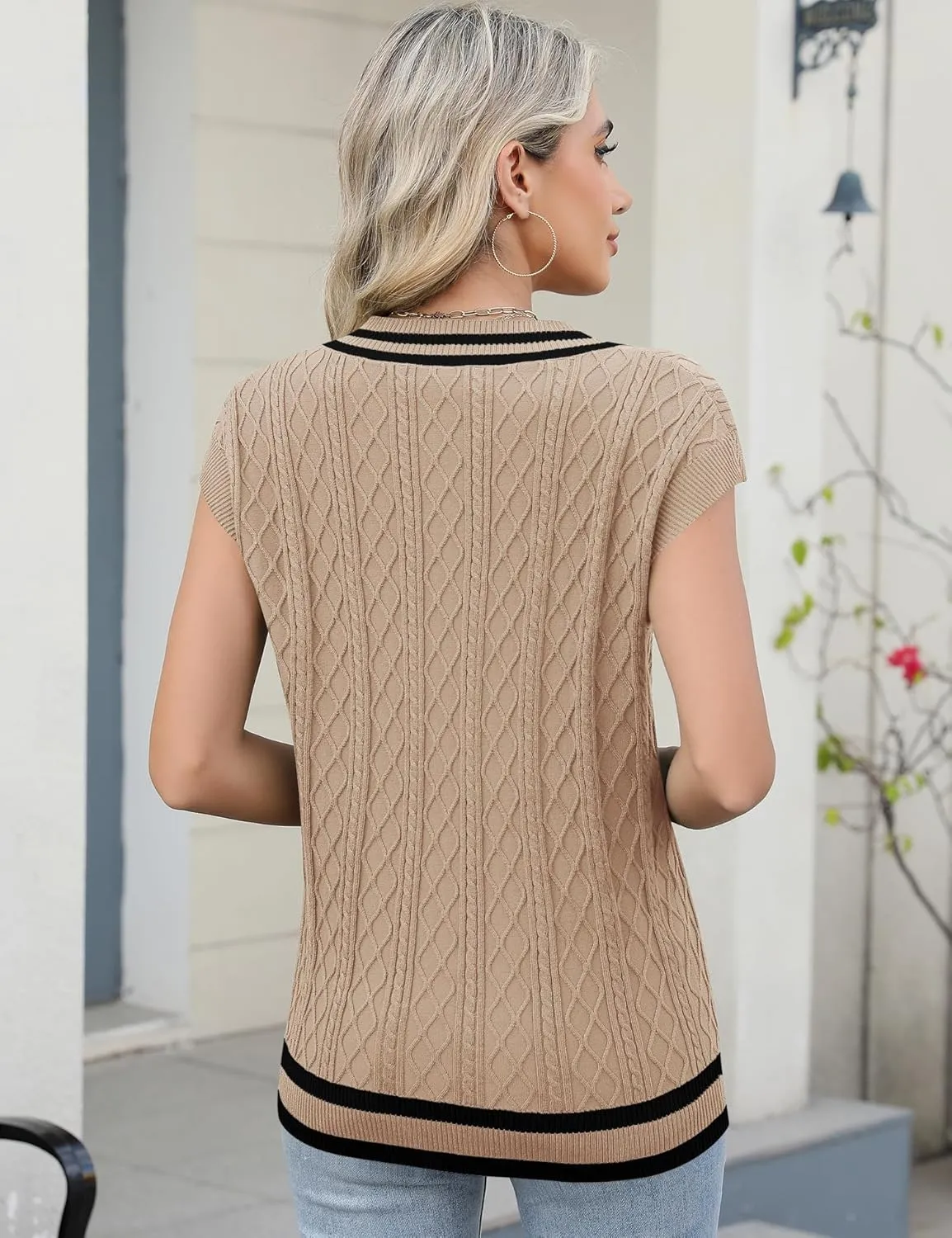 LOMON Womens V Neck Sweater Vest Cap Sleeve Cable Knit Casual Loose Fit Pullover Sleeveless Tank Top