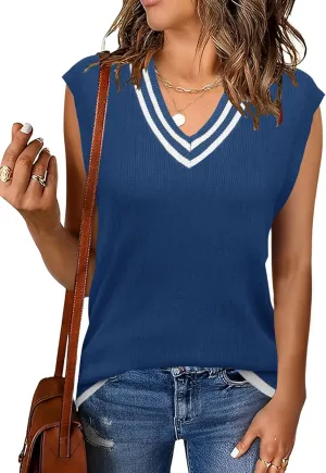 LOMON Womens V Neck Sweater Vest Cap Sleeve Cable Knit Casual Loose Fit Pullover Sleeveless Tank Top
