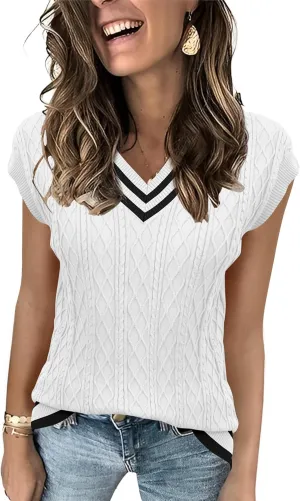LOMON Womens V Neck Sweater Vest Cap Sleeve Cable Knit Casual Loose Fit Pullover Sleeveless Tank Top