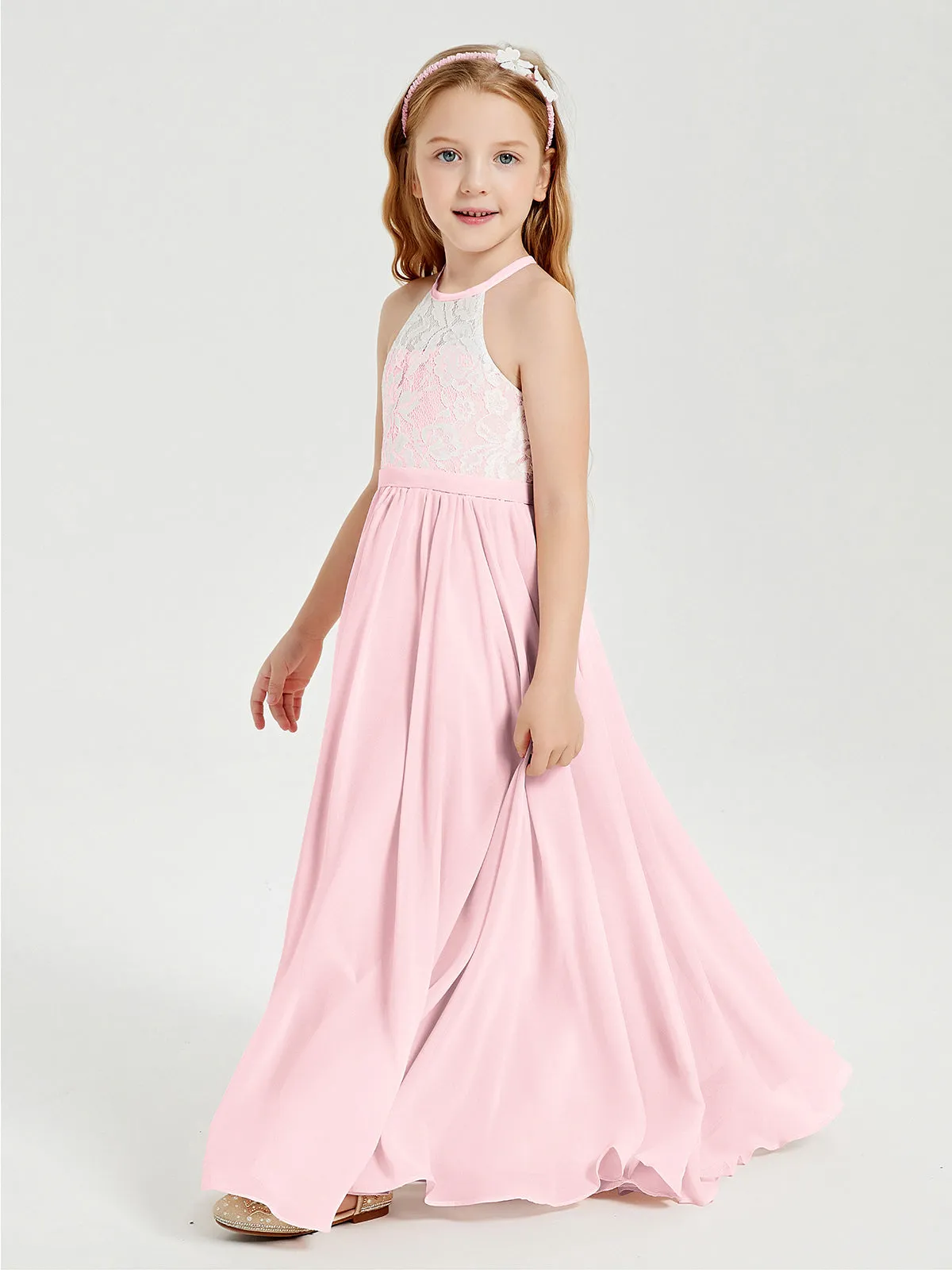 Long Chiffon Bridesmaid Dresses Lace Top Blushing Pink