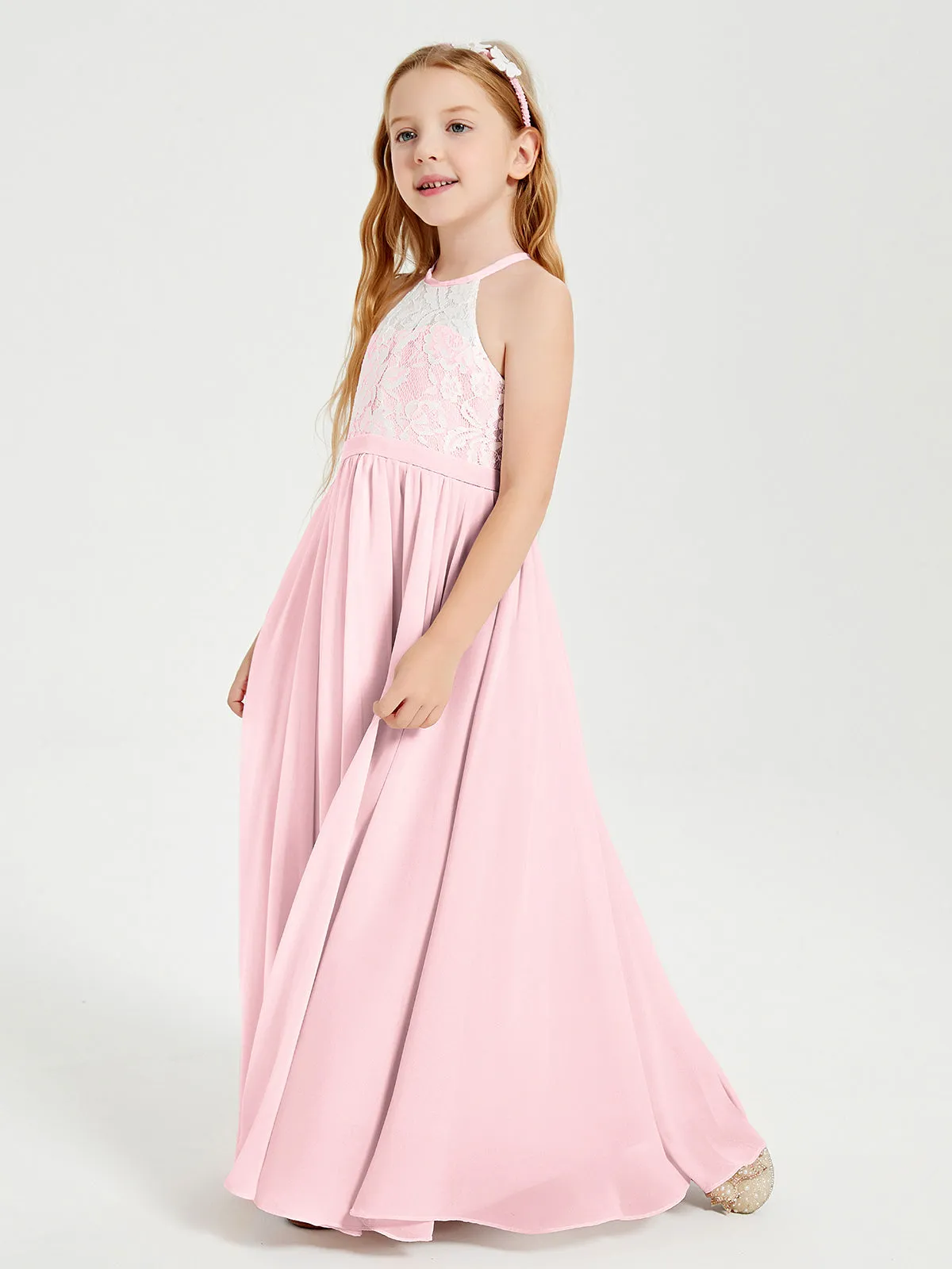 Long Chiffon Bridesmaid Dresses Lace Top Blushing Pink