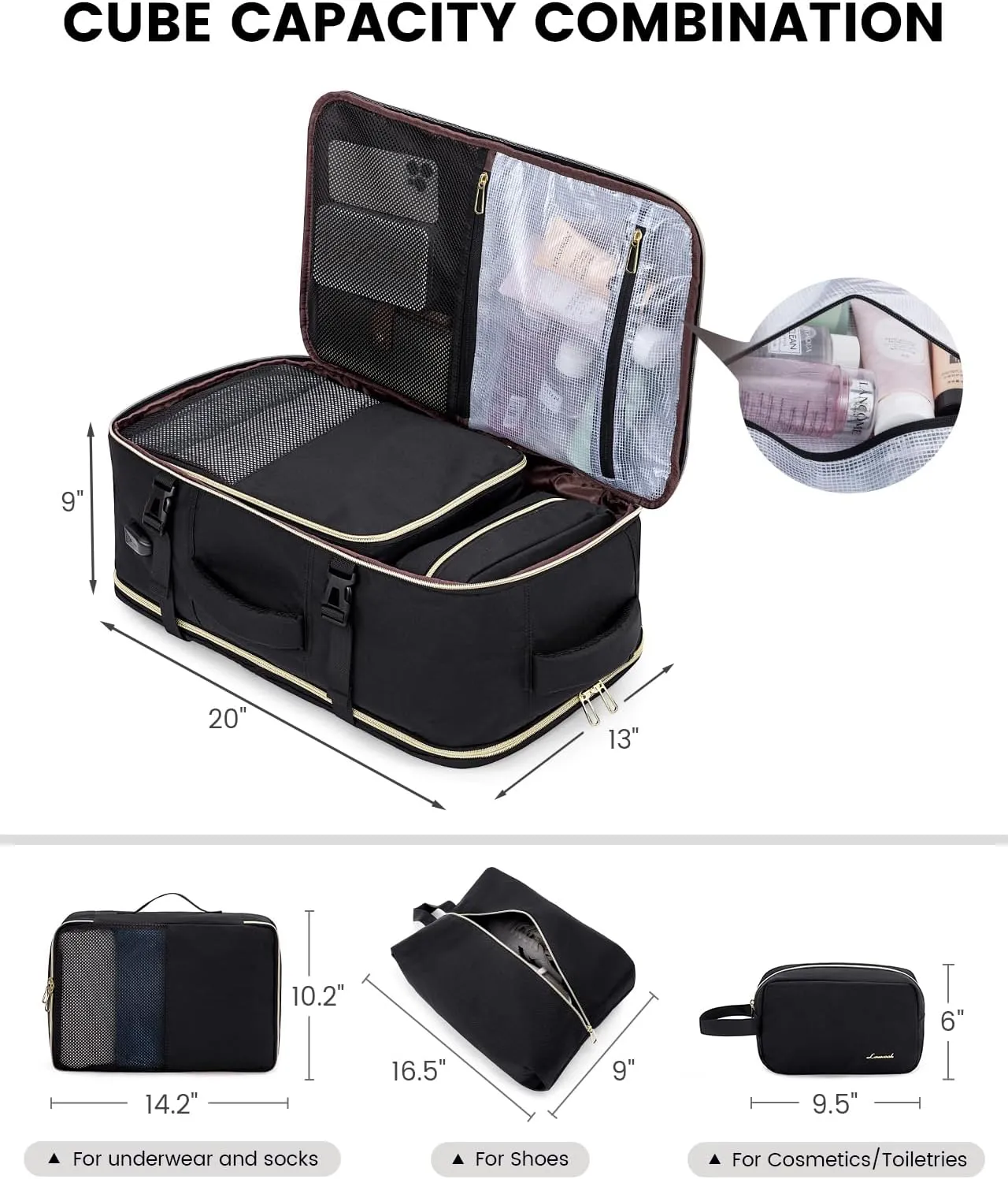 LOVEVOOK Carry on Travel Backpack, Large 40L for Men & Women Flight Approved with USB Charging Port&3 Packing Cubes, Large Suitcase Water Resistant Luggage Daypack Busi, Beige-Black