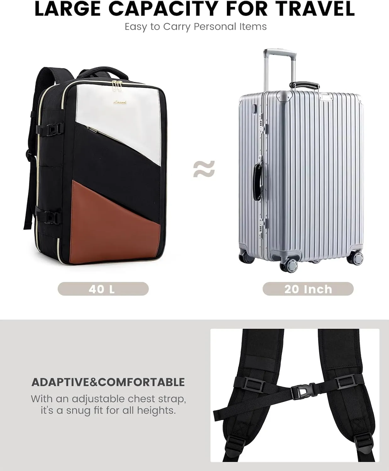 LOVEVOOK Carry on Travel Backpack, Large 40L for Men & Women Flight Approved with USB Charging Port&3 Packing Cubes, Large Suitcase Water Resistant Luggage Daypack Busi, Beige-Black