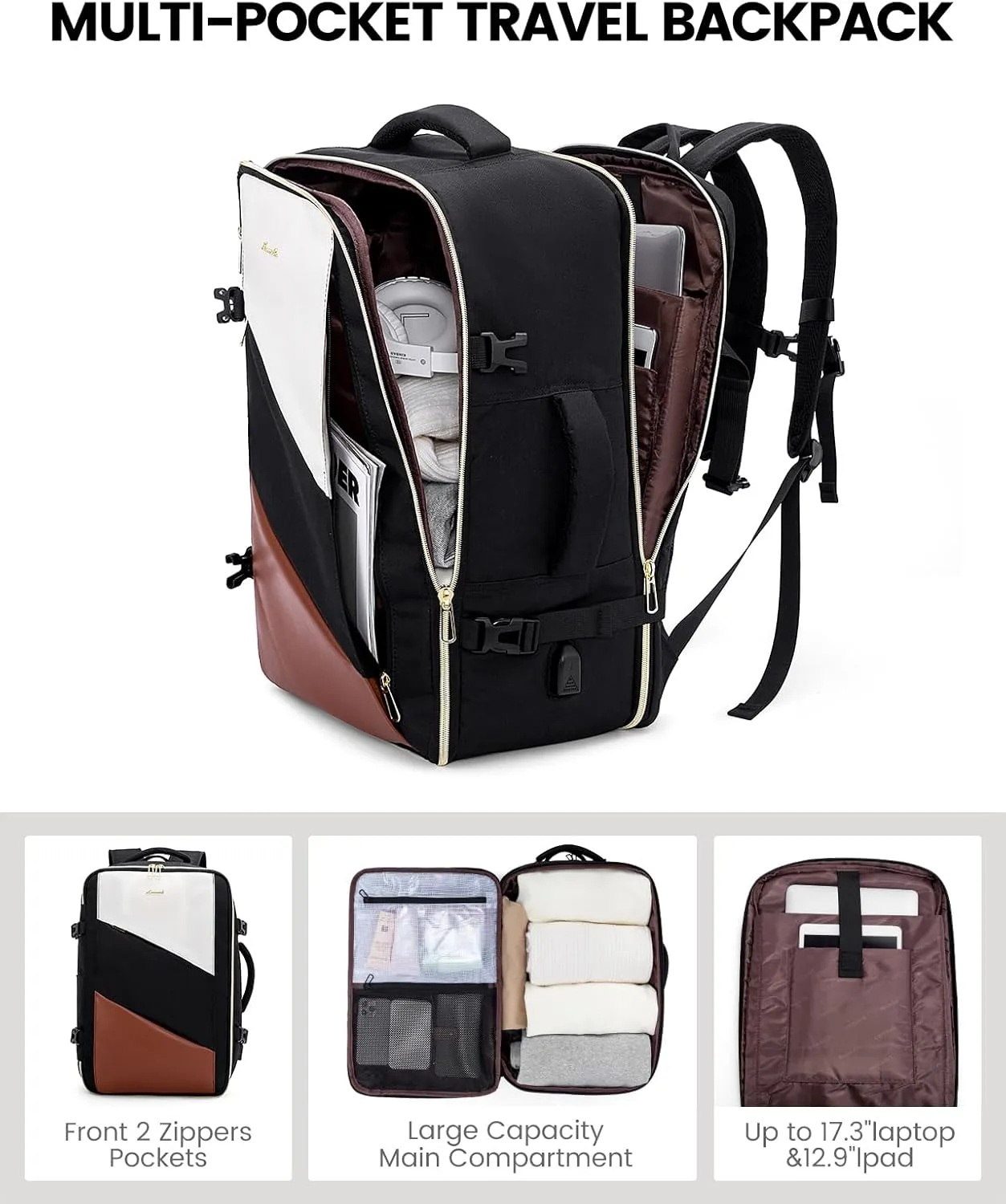 LOVEVOOK Carry on Travel Backpack, Large 40L for Men & Women Flight Approved with USB Charging Port&3 Packing Cubes, Large Suitcase Water Resistant Luggage Daypack Busi, Beige-Black
