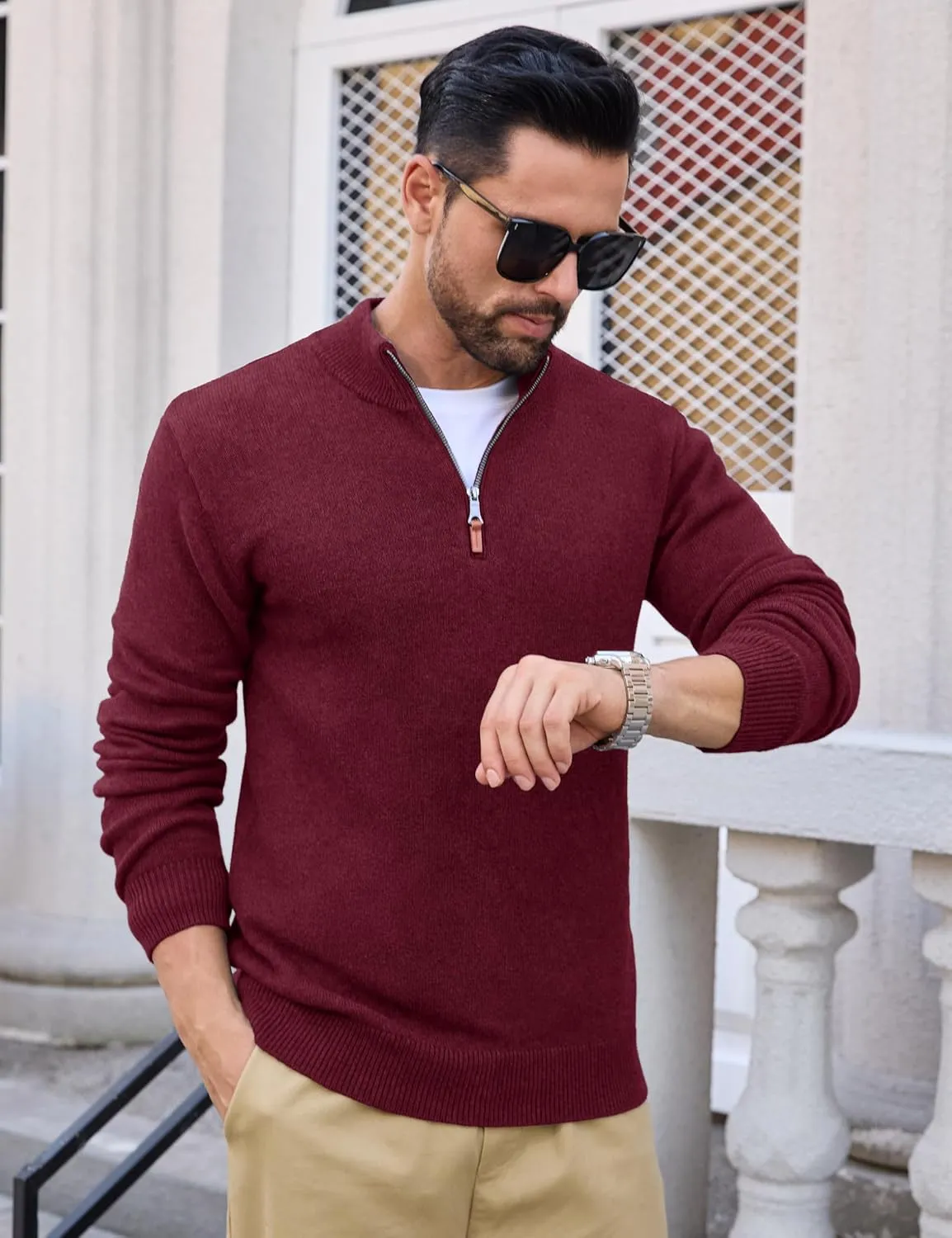 MAGCOMSEN Men's Quarter Zip Pullover Sweaters Casual Knit Polo Sweaters Fall Winter Sweatshirts