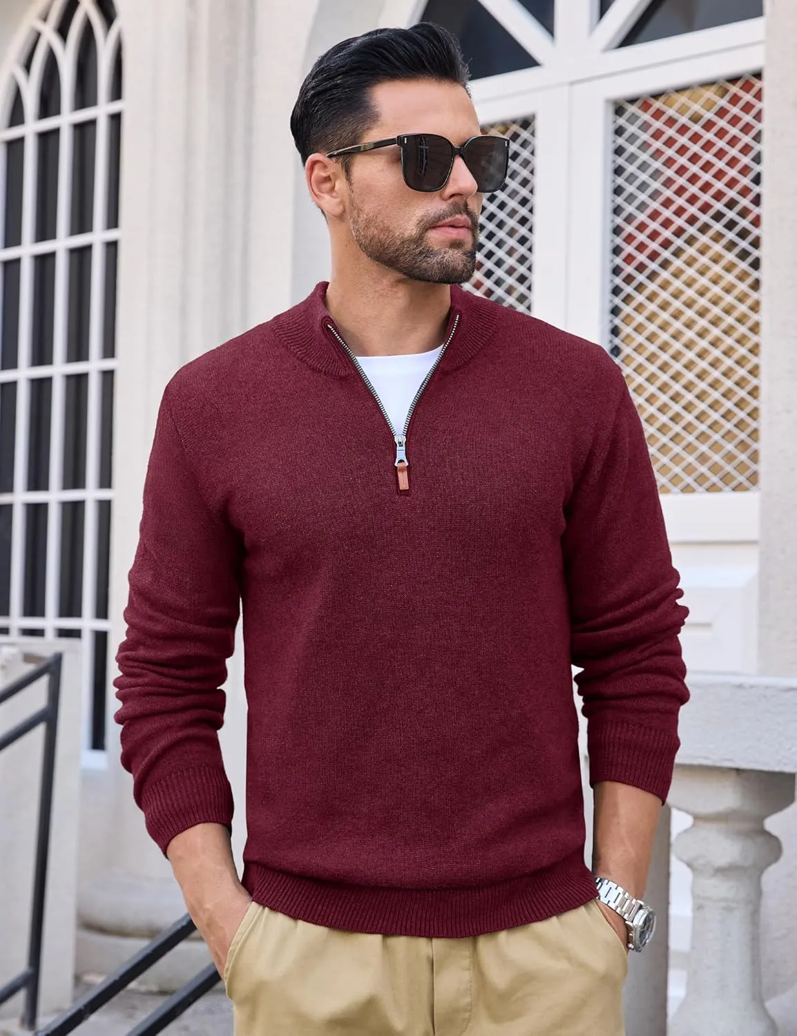 MAGCOMSEN Men's Quarter Zip Pullover Sweaters Casual Knit Polo Sweaters Fall Winter Sweatshirts