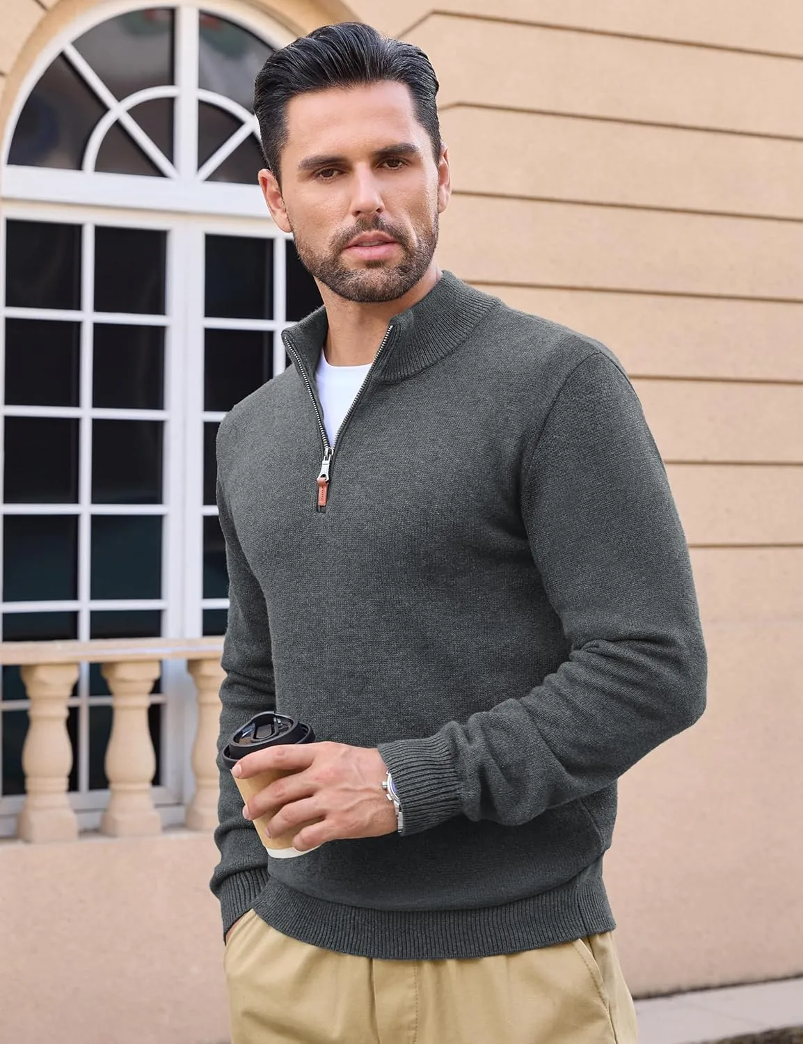 MAGCOMSEN Men's Quarter Zip Pullover Sweaters Casual Knit Polo Sweaters Fall Winter Sweatshirts