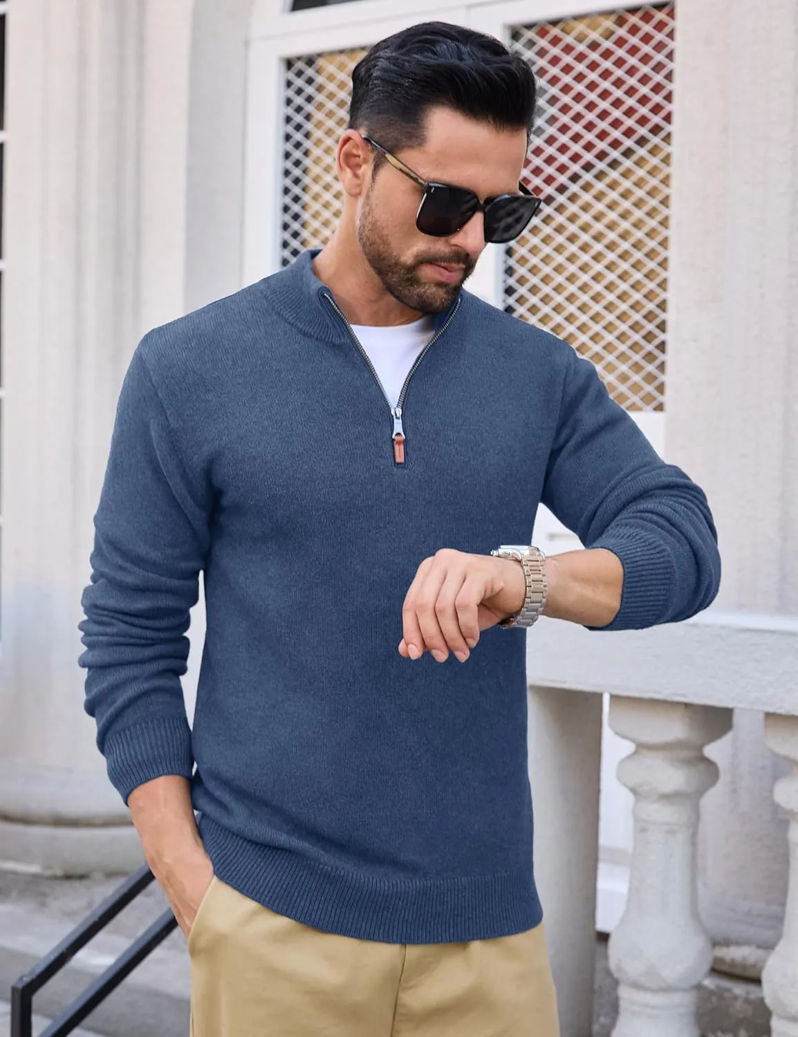 MAGCOMSEN Men's Quarter Zip Pullover Sweaters Casual Knit Polo Sweaters Fall Winter Sweatshirts