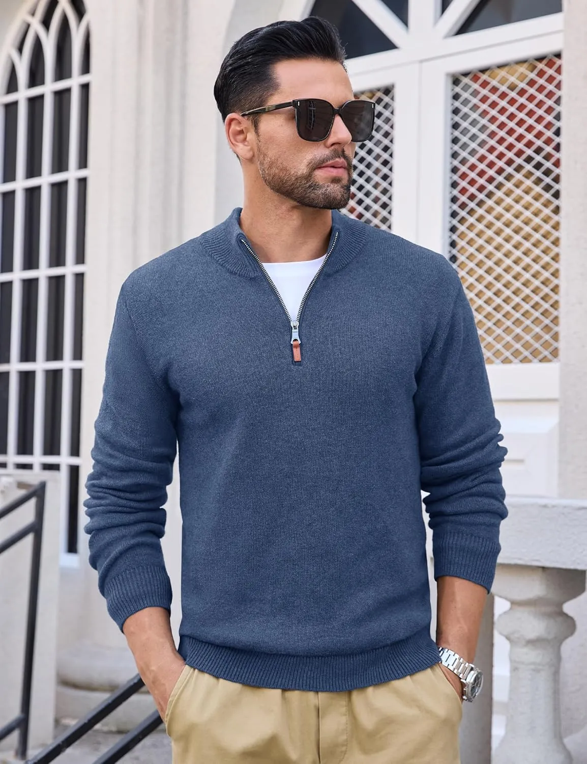 MAGCOMSEN Men's Quarter Zip Pullover Sweaters Casual Knit Polo Sweaters Fall Winter Sweatshirts