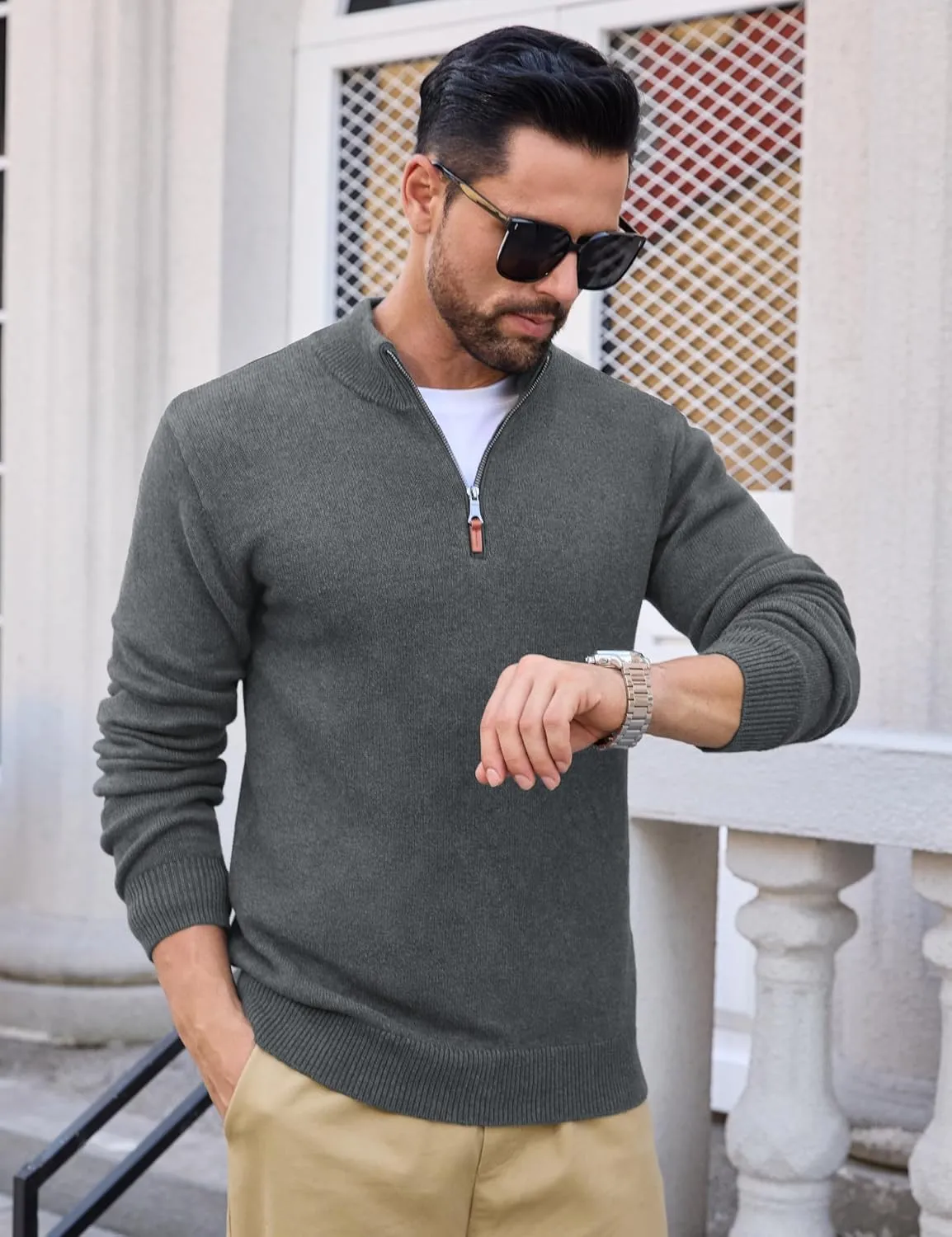 MAGCOMSEN Men's Quarter Zip Pullover Sweaters Casual Knit Polo Sweaters Fall Winter Sweatshirts