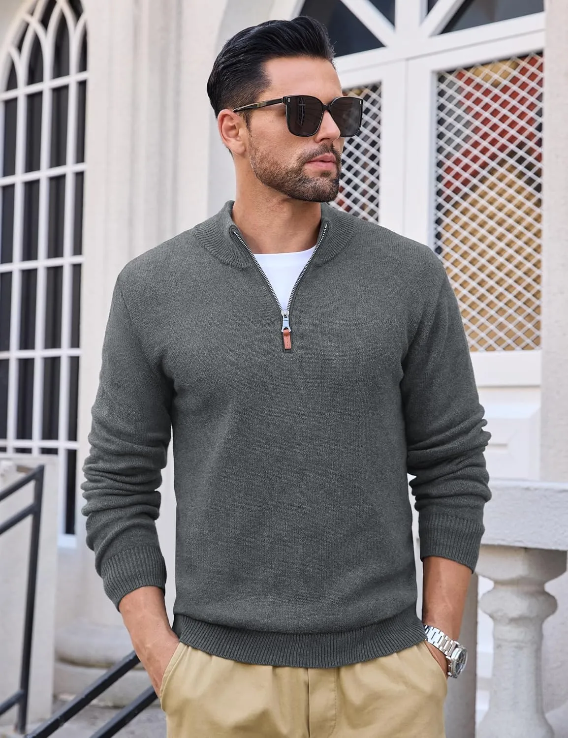 MAGCOMSEN Men's Quarter Zip Pullover Sweaters Casual Knit Polo Sweaters Fall Winter Sweatshirts