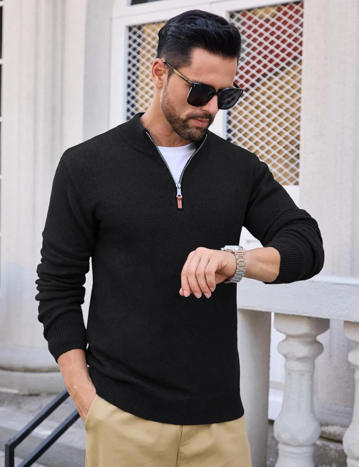 MAGCOMSEN Men's Quarter Zip Pullover Sweaters Casual Knit Polo Sweaters Fall Winter Sweatshirts
