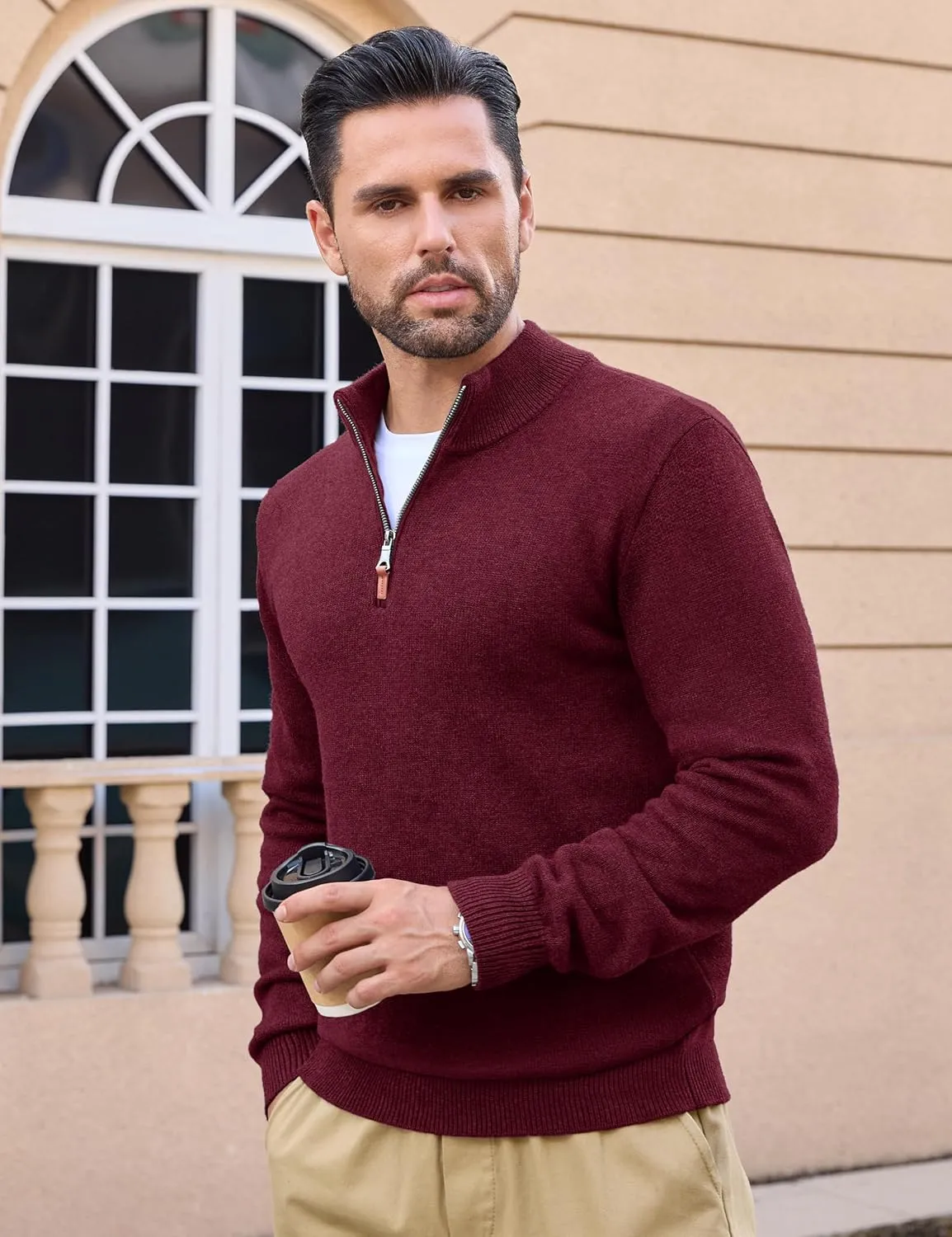MAGCOMSEN Men's Quarter Zip Pullover Sweaters Casual Knit Polo Sweaters Fall Winter Sweatshirts
