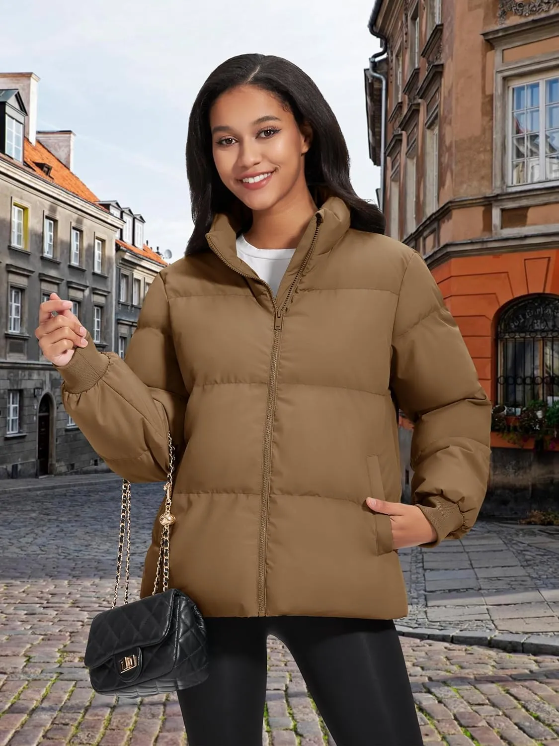 MAGCOMSEN Women's Winter Down Puffer Jackets Stand Collar Zip Up Water Resistant Warm Padded Quilted Coat with Pockets