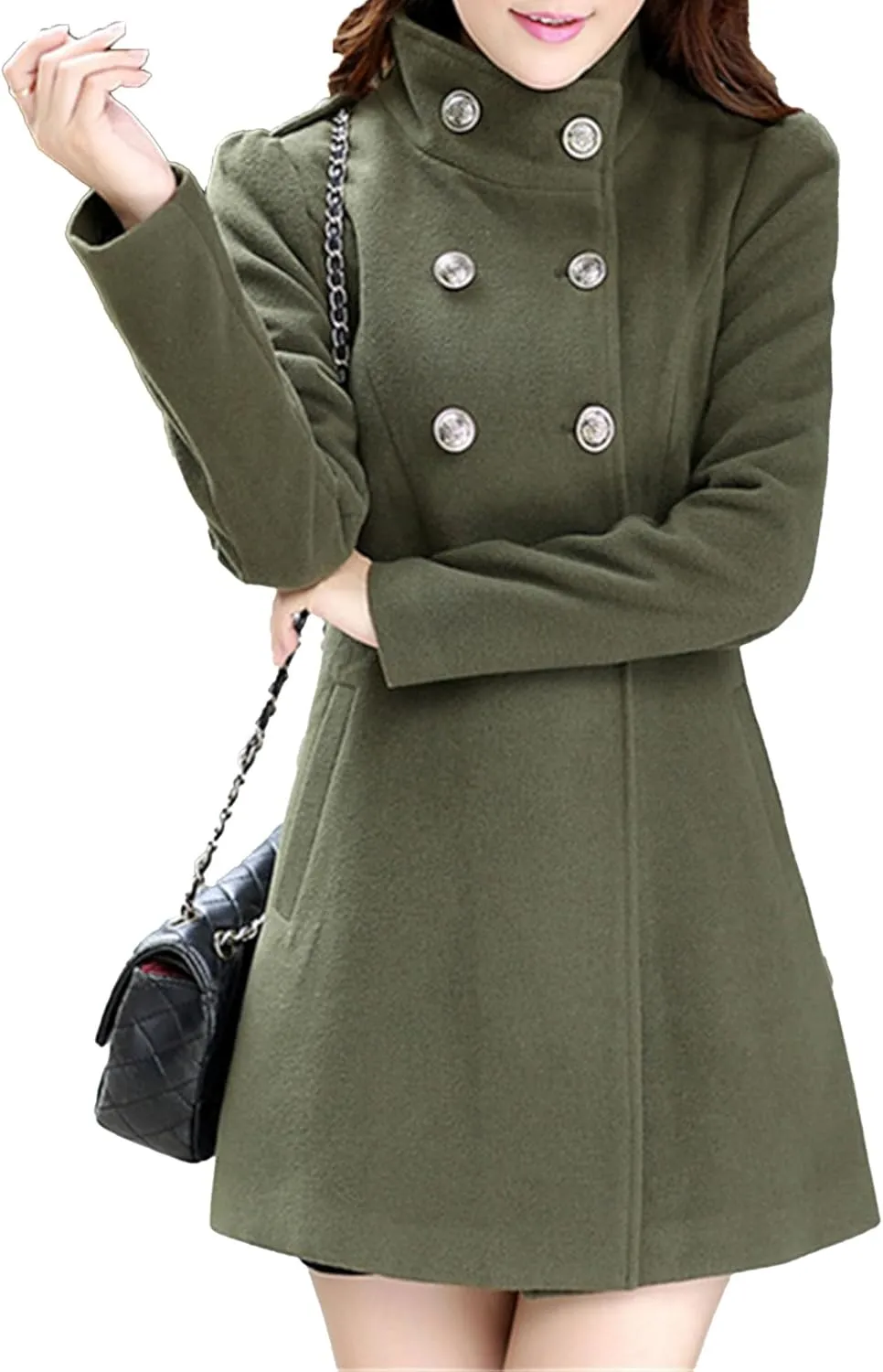 Maiyifu-GJ Women's Stand Collar Double Breasted Wool Blend Coat Elegant Slim Trench Coat Fall Winter Overcoat Outerwear