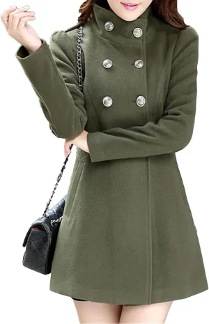 Maiyifu-GJ Women's Stand Collar Double Breasted Wool Blend Coat Elegant Slim Trench Coat Fall Winter Overcoat Outerwear