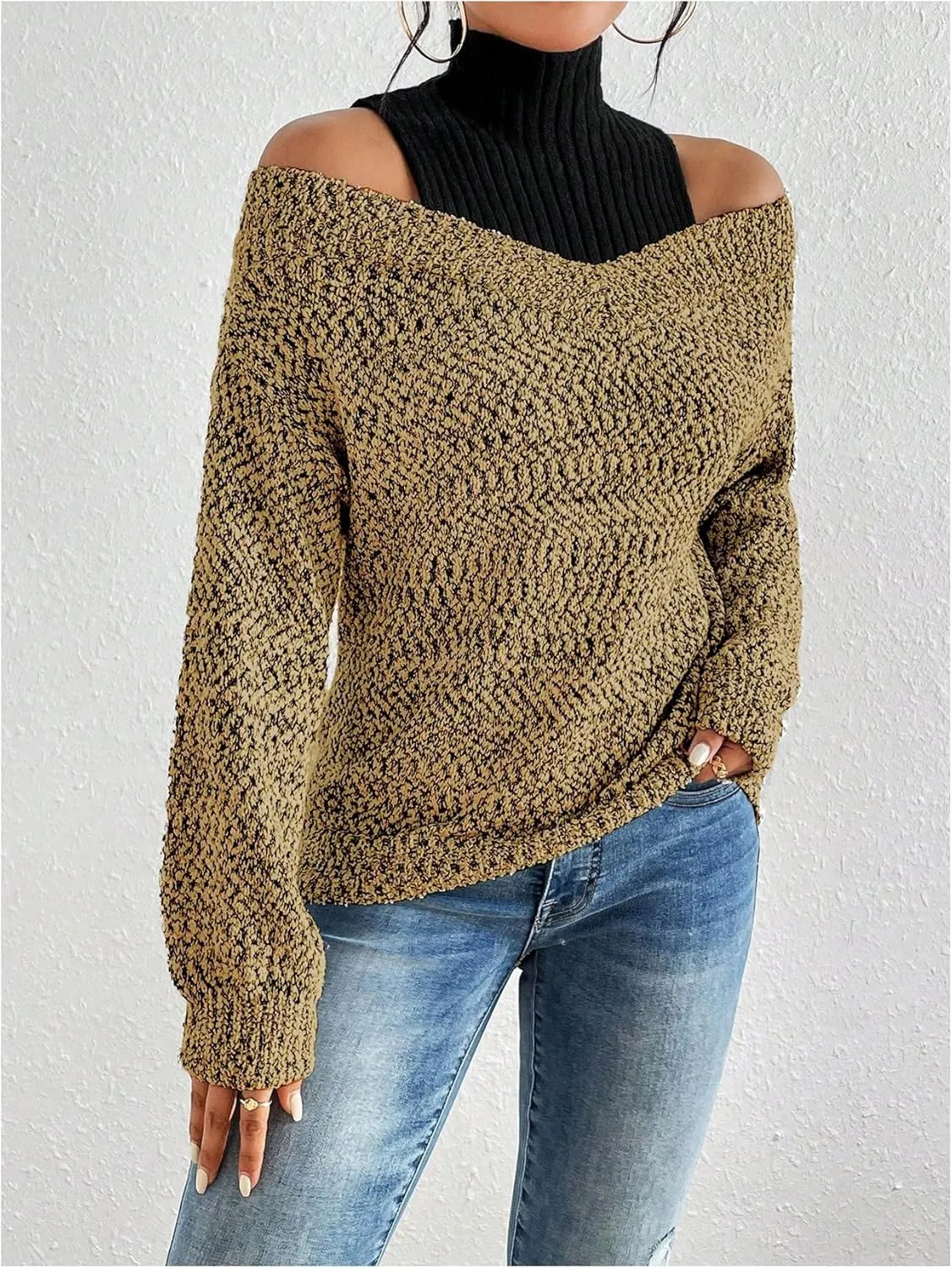 MakeMeChic Women's Fall Fashion 2024 Cold Shoulder Sweaters Long Sleeve Knitted Oversized Turtleneck Sweaters