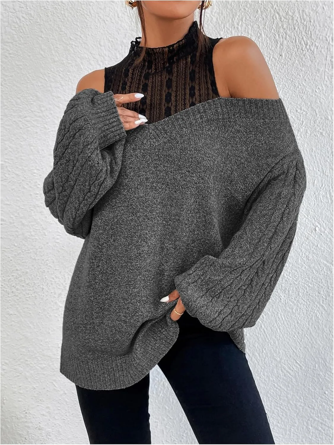 MakeMeChic Women's Fall Fashion 2024 Cold Shoulder Sweaters Long Sleeve Knitted Oversized Turtleneck Sweaters