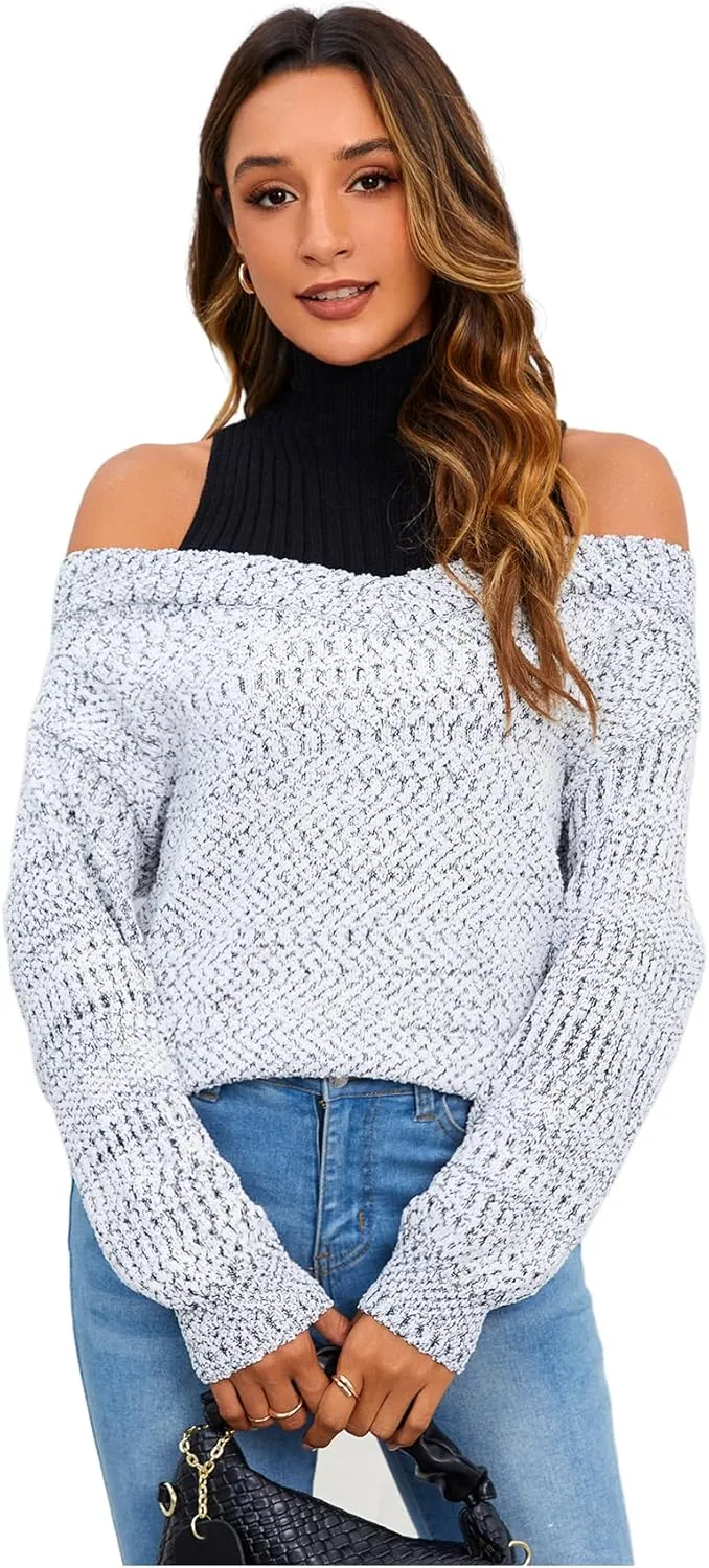 MakeMeChic Women's Fall Fashion 2024 Cold Shoulder Sweaters Long Sleeve Knitted Oversized Turtleneck Sweaters